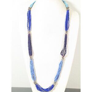 Beachy Boho Blue Glass Bead Multi Strand Long Colorblock Necklace 34"